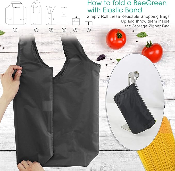 BeeGreen 10 Pack Black Reusable Grocery Bags with Storage Pouch Reusable Shopping Bags Bulk with Elastic Band 50LBS X-Large-Foldable-Washable-Heavy Duty-Waterproof Grocery Tote Bags