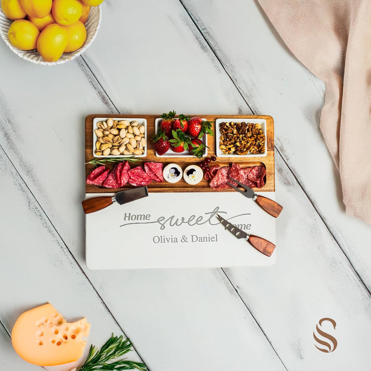 Shanik Wood - Marble Cheese Board Set with 3 Ceramic Bowls - Stainless Steel Cutlery Set, Charcuterie Board & Gift for Any Occasion (with Engraving)