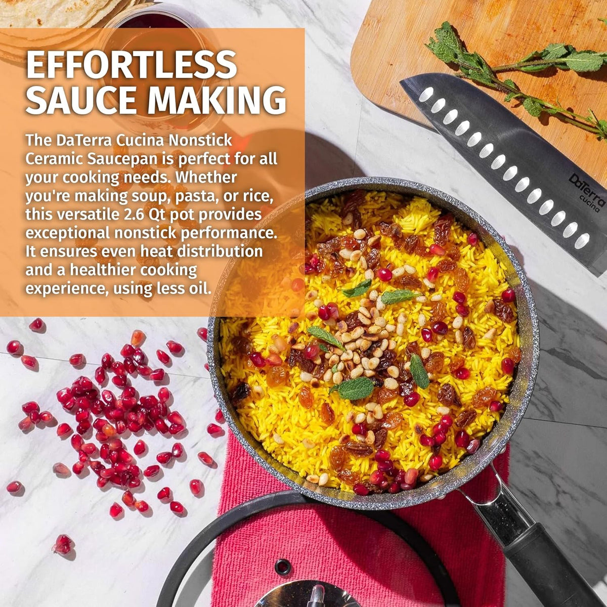 DaTerra Cucina - 2.6 Qt Nonstick Ceramic Saucepan with Lid – Induction Compatible Cooking Pot, Nonstick Ceramic Sauce Pan for Soup, Pasta, Milk, and More, Medium Size for Kitchen, Oven Safe