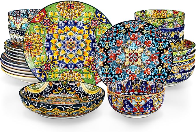 vancasso 24 Pieces Dinnerware Sets, Plates and Bowls Set, Porcelain Dishes Set for 6, Microwave and Dishwasher Safe, Scratch Resistant, Bohemian Style Dining Ware Service for 6, Series SIMI