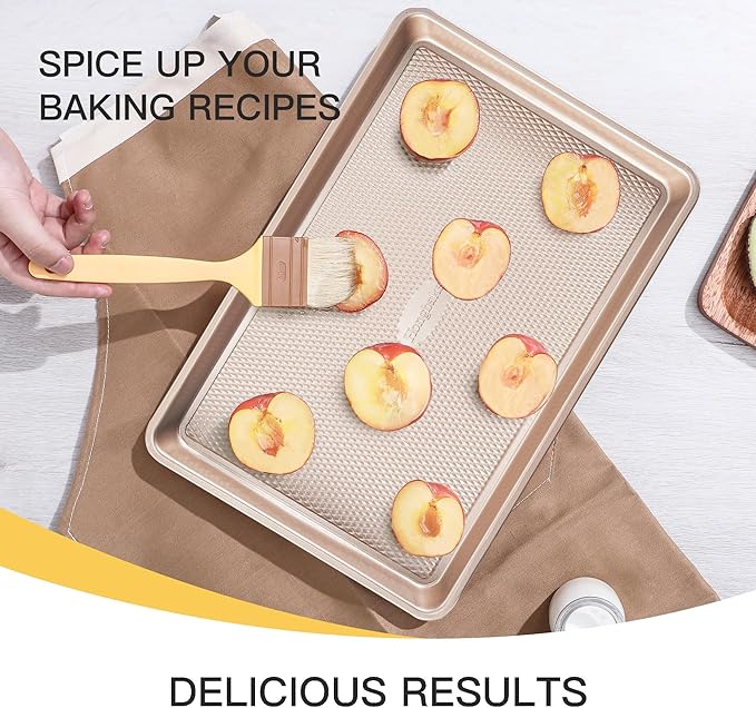 HONGBAKE 3 Pack Gold Nonstick Baking Sheet Pan Set with Oven Mitts Heat Resistant, Non-Toxic Half/Quarter/Jelly Roll Pans with Diamond Texture Pattern, Heavy Duty 0.8mm Thick Cookie Trays for Cooking