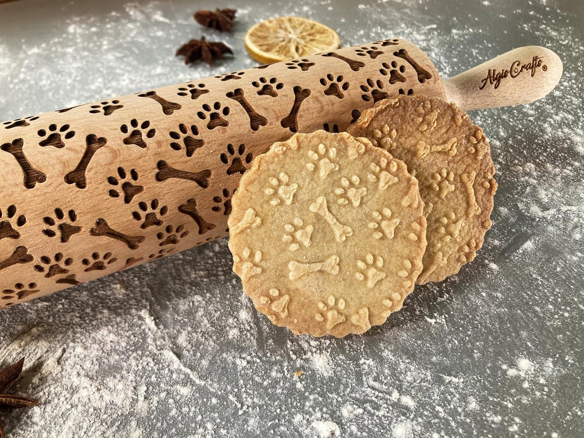 PAW and BONE EMBOSSING ROLLING PIN LASER ENGRAVED PATTERN with PAWS and BONES for EMBOSSED COOKIES or PASTA