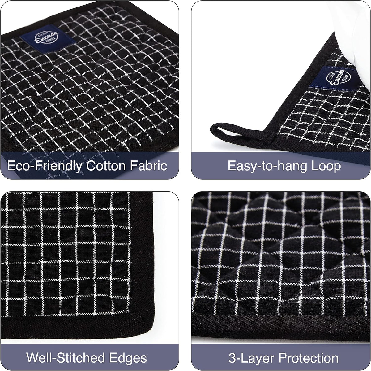 Encasa Homes 8 inches Oven Microwave Potholders (2 pc Set) for Kitchen Cooking & Baking - Heat Resistant, Thick & Safe, Protection of Hands from Hot Utensils - Butcher Checks Black