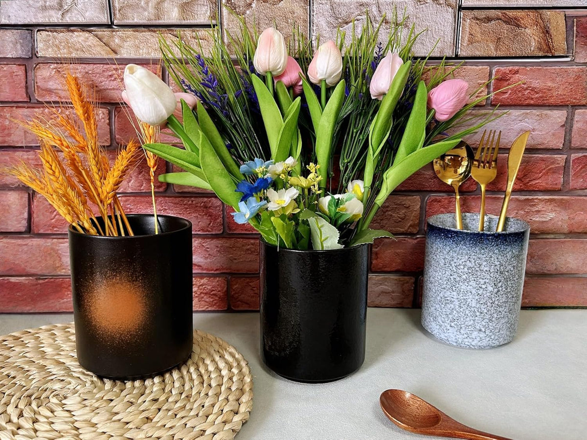 Medium Stoneware Kitchen Utensil Holder for Kitchen Counter Short Cooking Utensil Holder for Countertop Spatula Holder Small Utensil Crock Cutlery Holder Silverware Caddy Flower Vase (Retro Black)