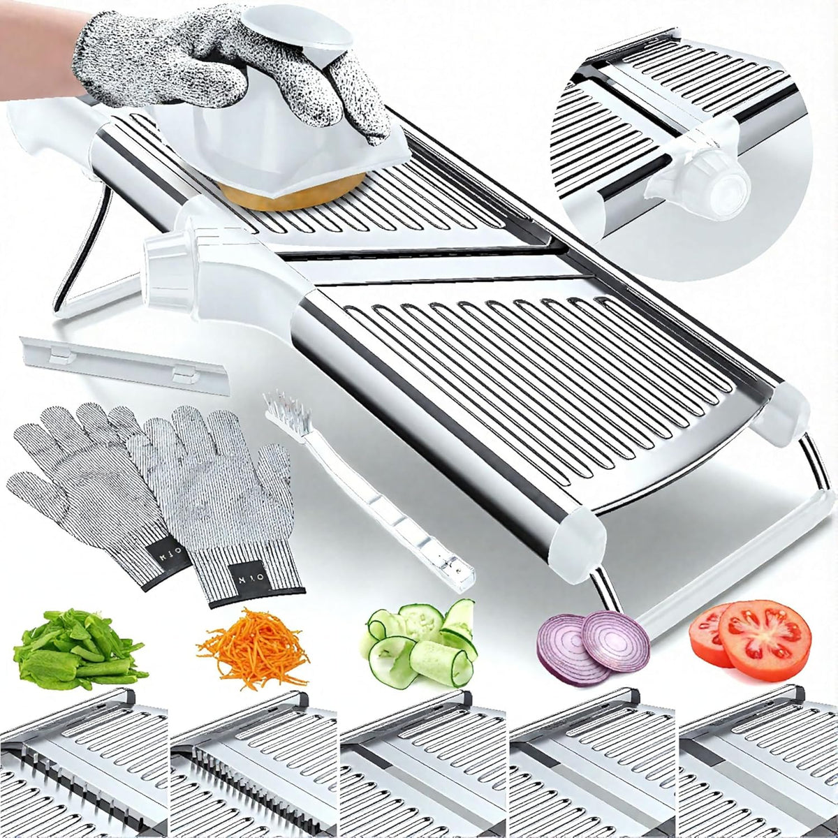 Gramercy Adjustable Mandoline Food Slicer, Mandoline Slicer for Kitchen, Mandolin, Potato, Tomato, Carrot, Vegetable, Fruit and Onion Cutter - Stainless Steel - INCLUDING 1 Pair Cut-Resistant Gloves
