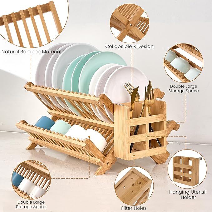 NOVAYEAH Bmaboo Dish Drying Rack for Kitchen Counter 3-Tier Collapsible Wooden Dish Drying Rack with Utensil Holder Dish Drainer Large Folding Dish Rack with Utensils Flatware Holder 51 pcs Grid