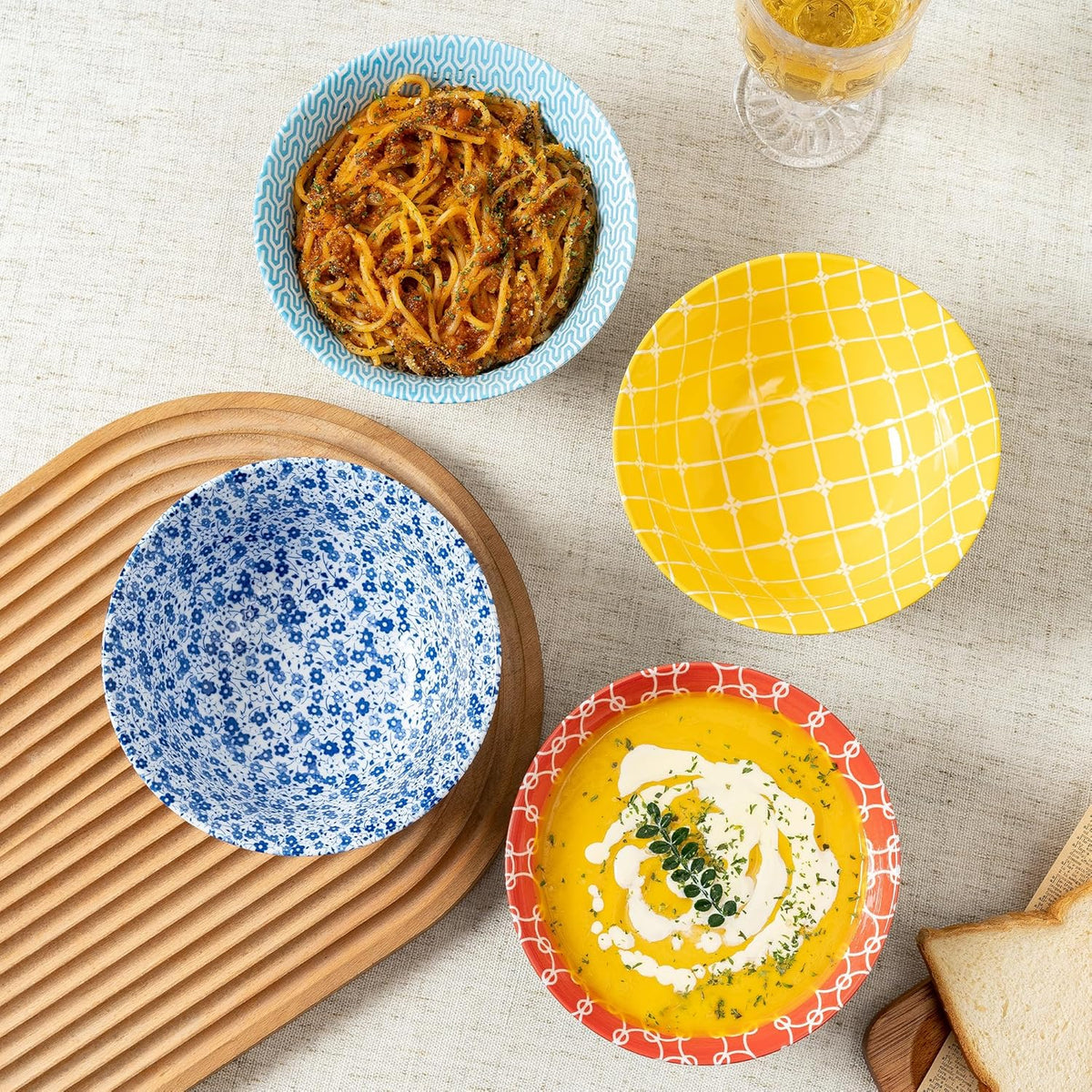 Bowl Set of 4, 23 OZ Large Colorful Bowls Set, 6 Inches Boho Bowls, Bohemia Ceramic Bowls for Kitchen Soup Cereal Salad, Dishwasher and Microwave Safe