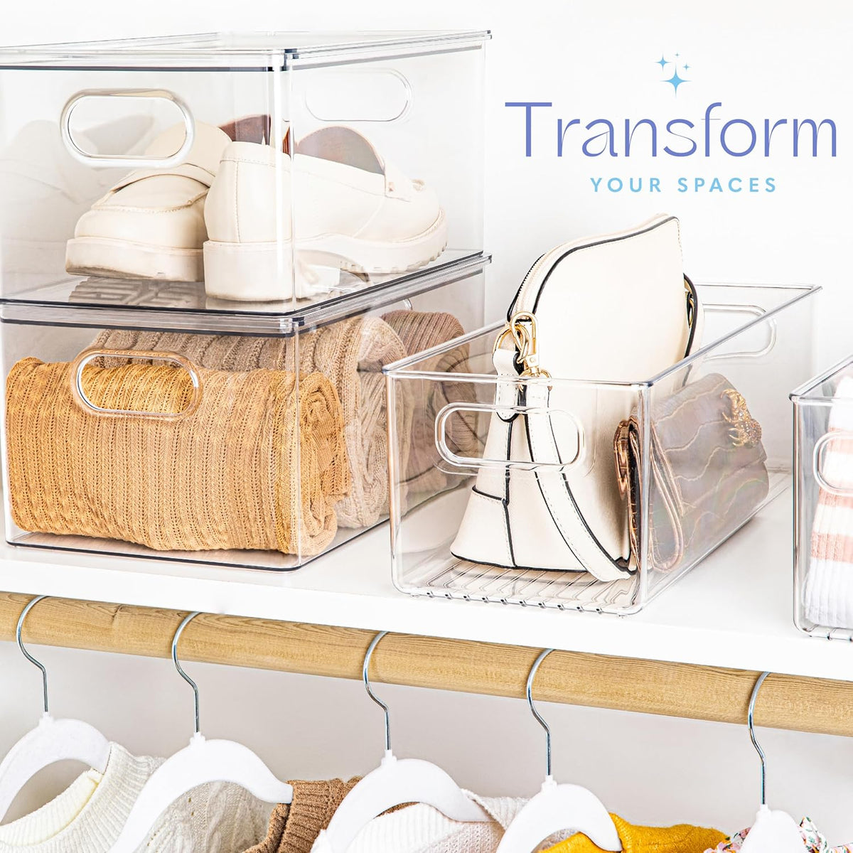 Plastic Food Storage 4 Pack Clear Container Bin with Handles for Organizing Kitchen, Pantry, Fridge, Freezer, Pantry, Bathroom. 14"x6"5"