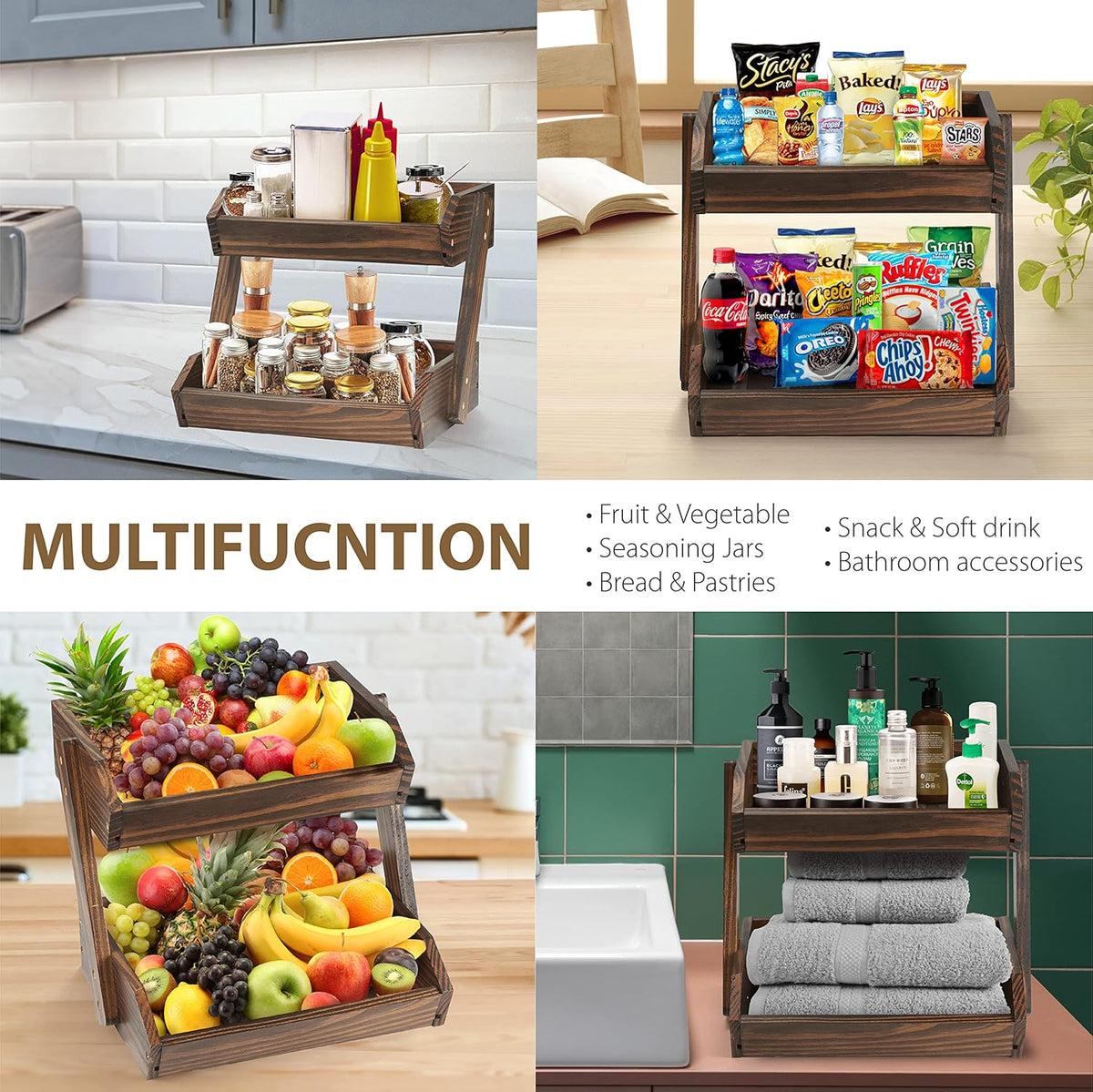 Large Capacity 2-Tier Wooden Fruit Basket, Durable Acacia Wood, 10.5" Tall, Spacious for Produce, Vegetables, Bread Storage and Home Kitchen Countertop