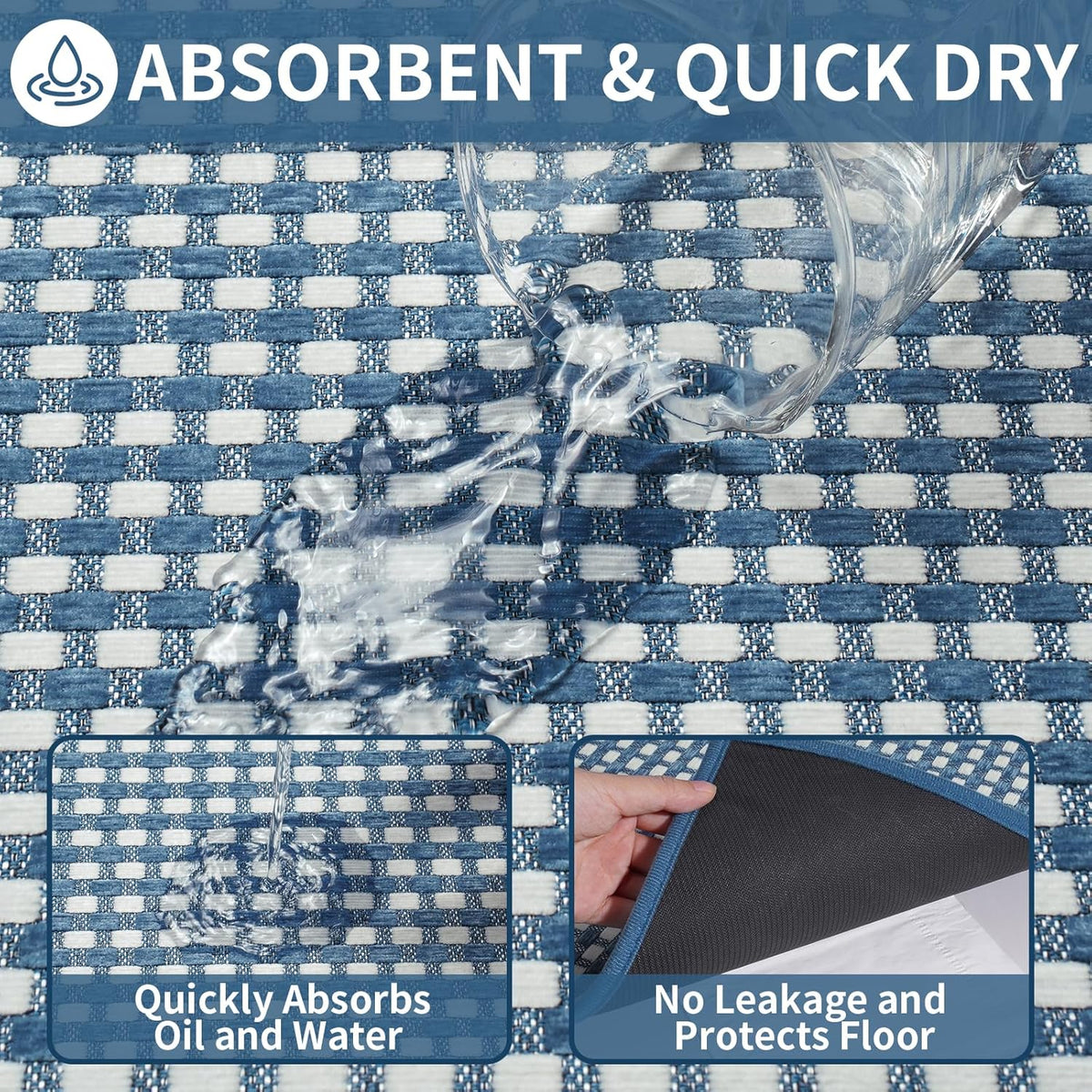 Kitchen Mats for Floor, Super Absorbent Kitchen Rugs Non Slip Washable, Rubber Backing Soft Chenille Braided Kitchen Runner Rug Standing Mat Sink Mat, Easy to Clean, Blue 17"x28"