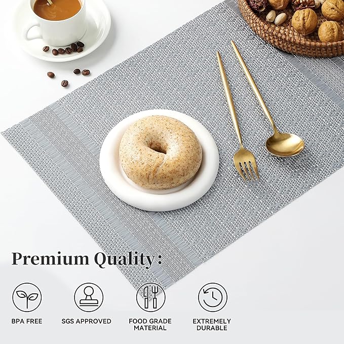 Leetaltree Lunar Grey Placemats Set of 12 - Heat Resistant Non-Slip Place mats for Dining Table, Washable Durable PVC Vinyl Woven Table Mats（Lunar Grey, 12）