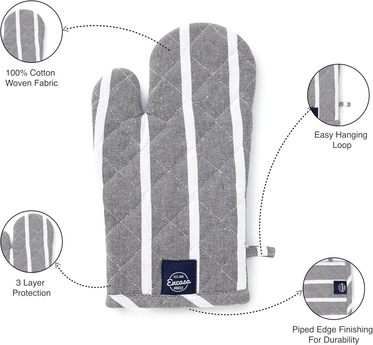 Encasa XO Long 12"x7" Oven Microwave Hand Gloves Mitts (2 pc Set) for Kitchen Cooking & Baking - Heat Resistant, Thick & Safe, Protection of Hands from Hot Utensils - Roma Grey Stripes