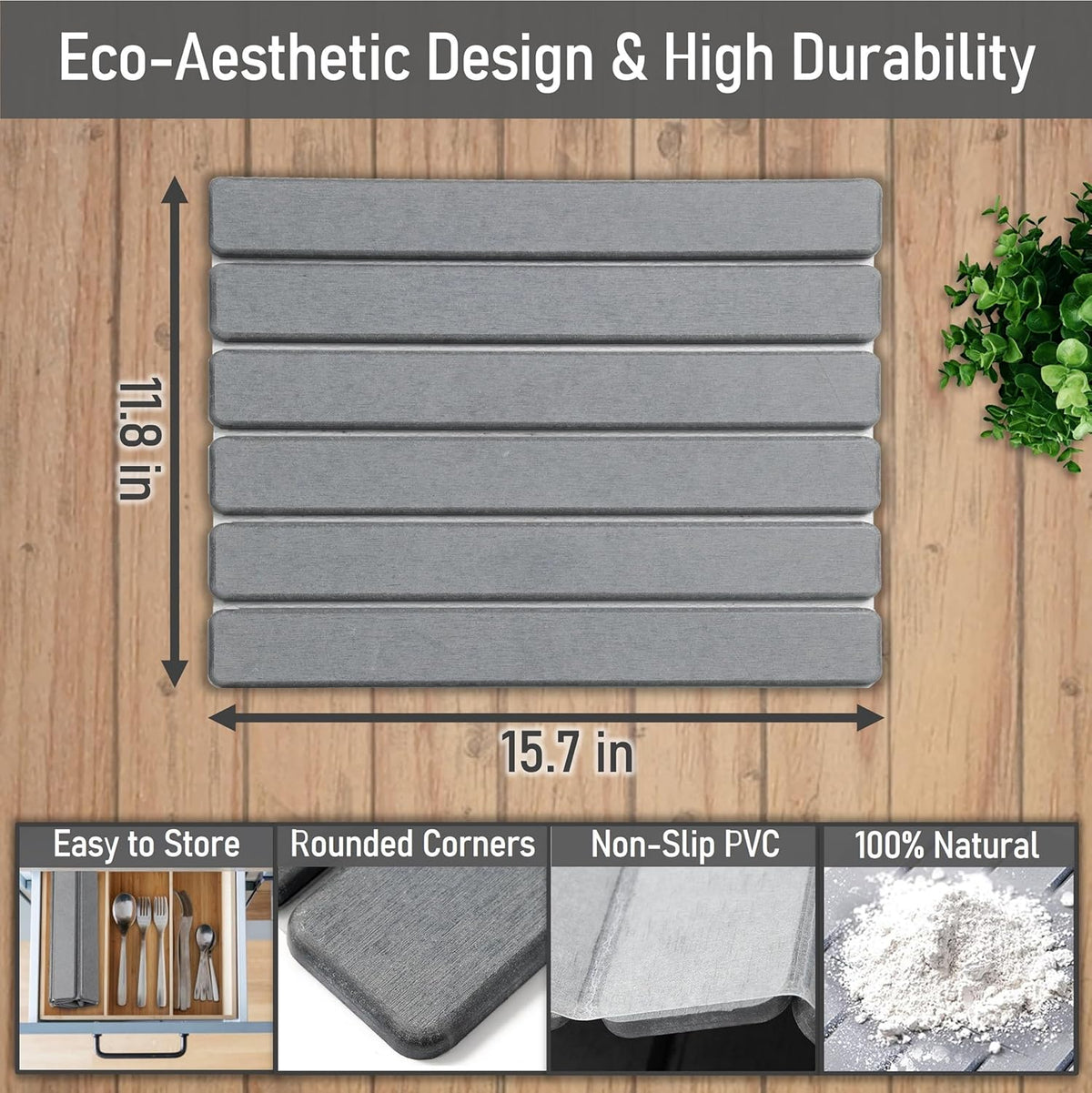 Stone Drying Mat for Kitchen Counter - Grey 12x16In Dish Drying Mat - Foldable Diatomite Stone Dish Rack - Absorbent Diatomaceous Earth Non-Slip Tray for Bathroom