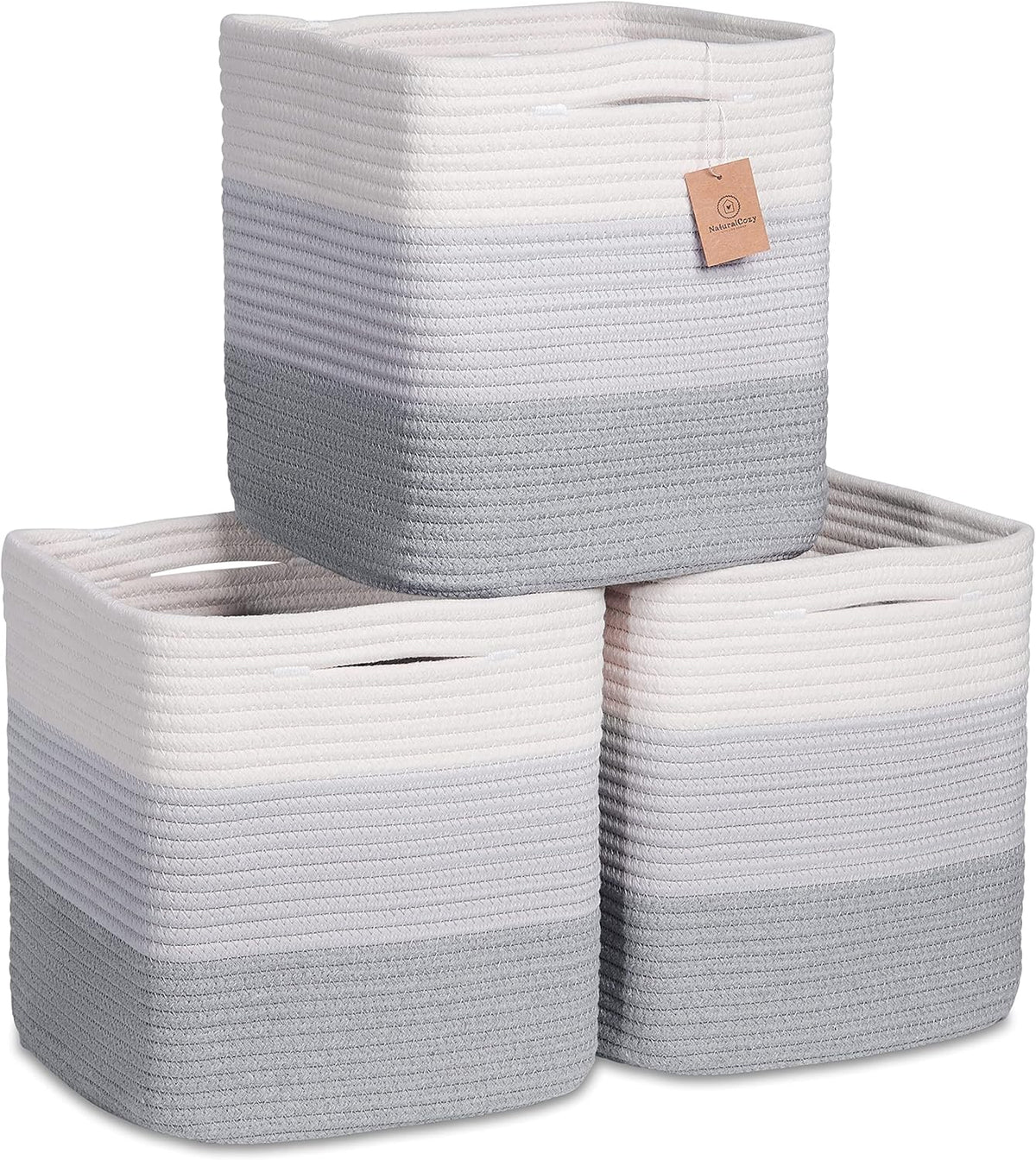 NaturalCozy Storage Cubes 11 Inch Cotton Rope Woven Baskets for Organizing, 3-Pack | Cube Storage Bin | Square Storage Baskets for Shelves Organizer, Classroom, Kids Toy Bins, Closet, Baby Nursery