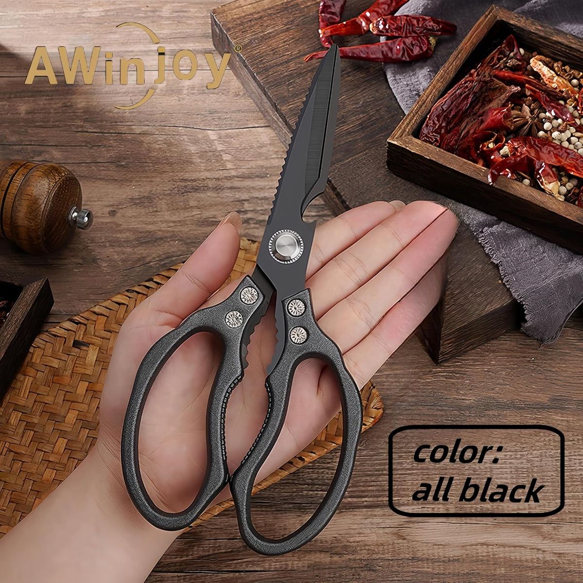 Kitchen Scissors, Heavy Duty Sharp Kitchen Shears Dishwasher Safe, Kitchen Accessories Cooking Shears for Kitchen Meat Chicken Fish Poultry Herb Bread (All Black), skr-05