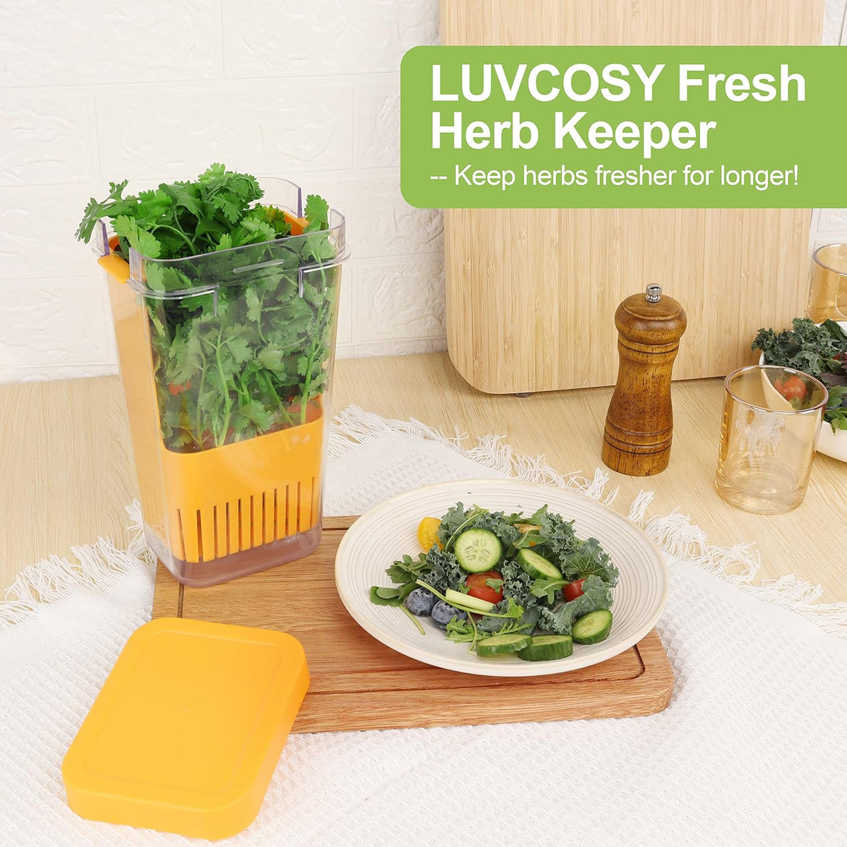 Fresh Herb Keeper for Refrigerator, Clear BPA-Free Herb Saver, Storage Container for Cilantro, Parsley, Thyme, Mint & Asparagus, Preserver Keeps Fresh Herbs for 3 Times Longer, Green & Orange