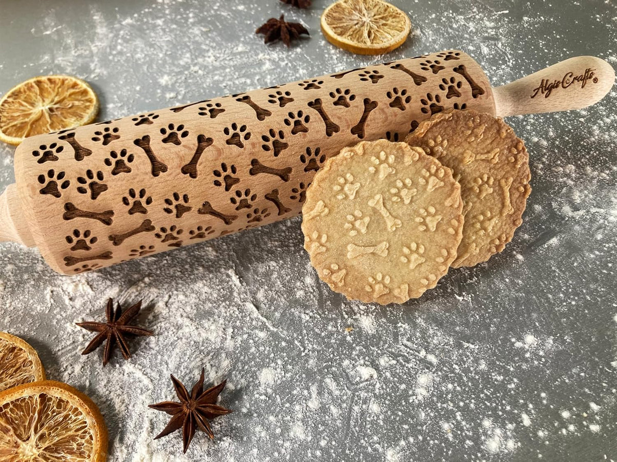 PAW and BONE EMBOSSING ROLLING PIN LASER ENGRAVED PATTERN with PAWS and BONES for EMBOSSED COOKIES or PASTA