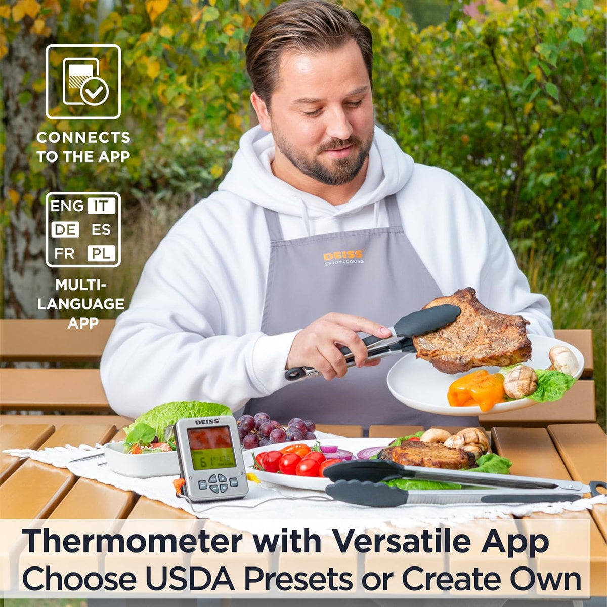 Deiss PRO Bluetooth Meat Thermometer Wireless – Digital Cooking Thermometer with 2 Probes, Oven Thermometer for Smoker Grill BBQ, Wireless Meat Thermometer for Grilling, Kitchen Food