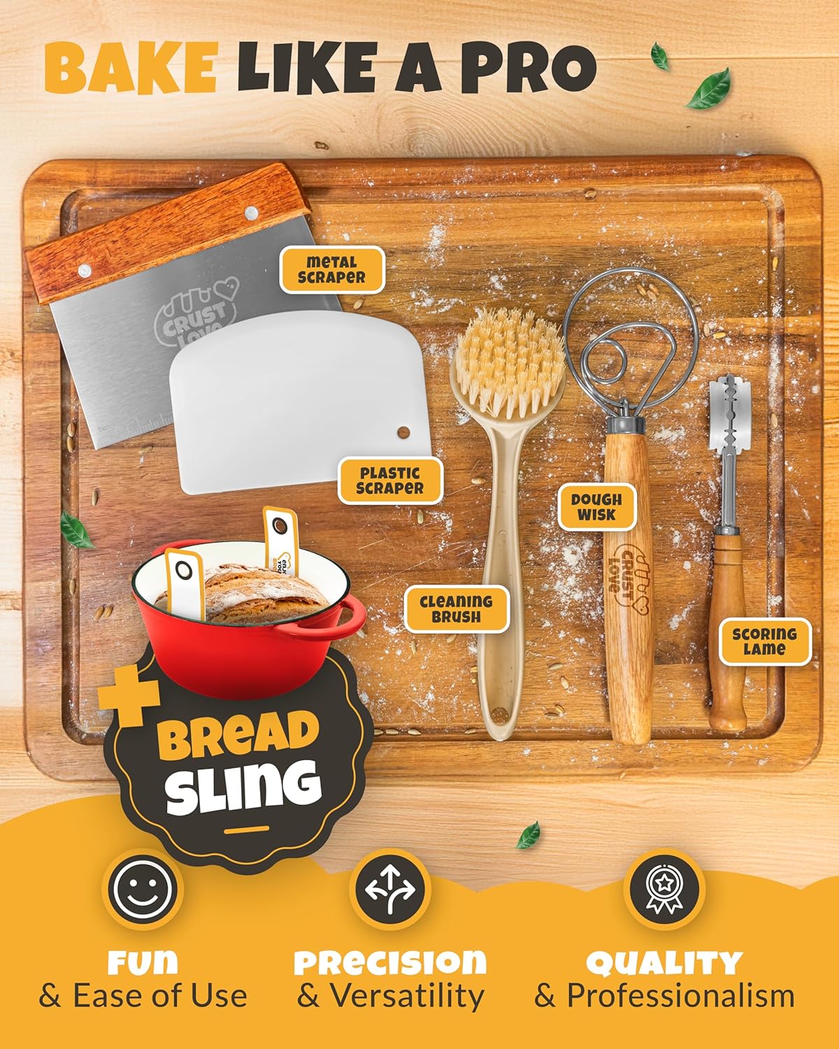 Dutch Oven for Bread Baking - incl. Sourdough Bread-Baking Supplies like Banneton Bread-Proofing Basket - 5QT Enameled Cast Iron Bread-Oven with Lid, Bread-Pan Sour Dough Starter Kit