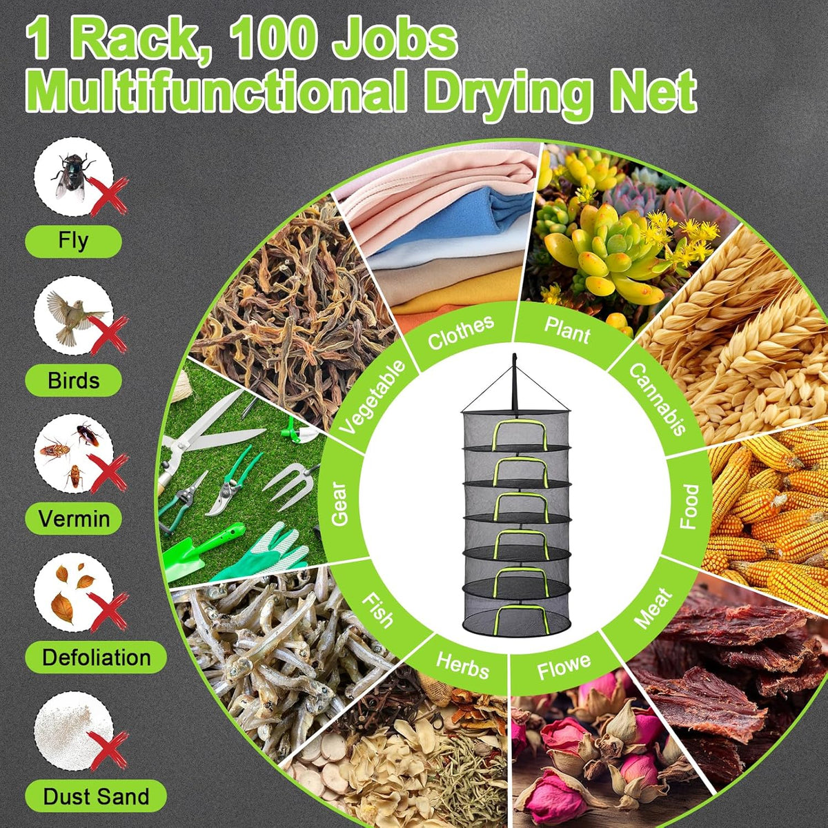 LUKETURE 6-Layer Hanging Herb Dryer Rack - with U-Zipper Mesh Net & Hook, Foldable Collapsible Drying Rack for Plants, Herbs, Flowers, Fish, Jerky, Laundry