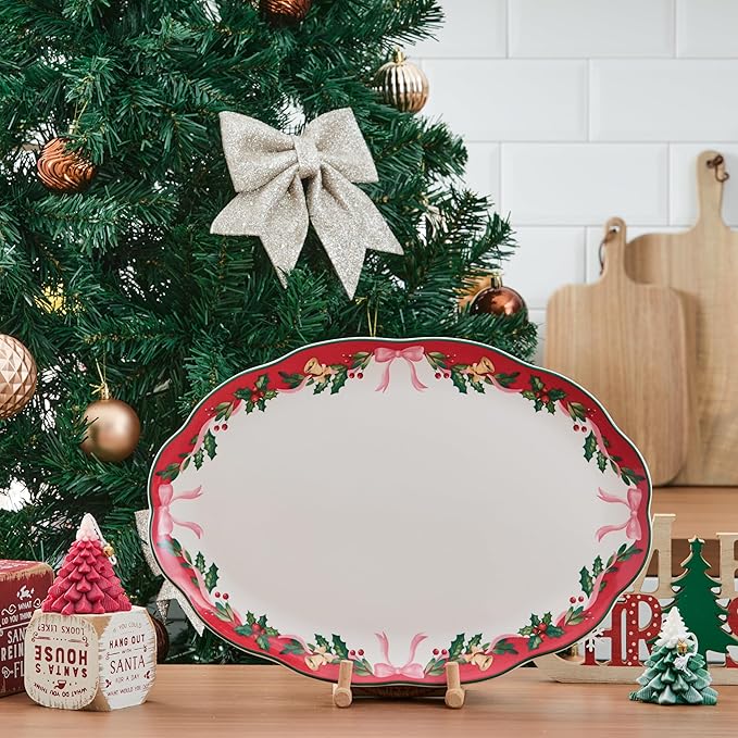 Bico Ribbon Christmas Scalloped 16 plus 14 inch Ceramic Oval Platters Set, Set of 2, Microwave & Dishwasher Safe, for Serving Fish, Chicken, Turkey