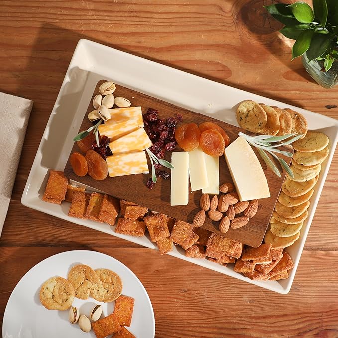 Gibson Elite 3-Section Stoneware Serving Tray with Acacia Lid – Taupe Rectangular Chip & Dip, Condiment, Snack and Appetizer Server for Parties & Entertaining