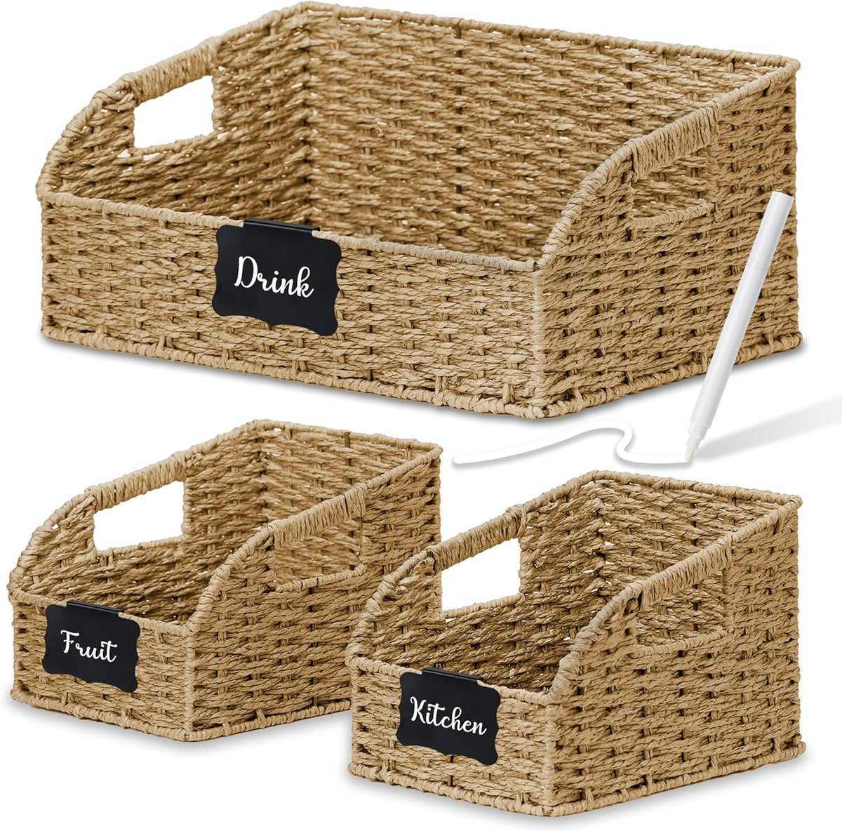 Wicker Baskets for Organizing,Pantry, Kitchen Counter with Handles, Handwoven Woven Storage Baskets for Fruit, Bread, Vegetable, Paper Storage Bins for Shelves, 3 Pack, Natural