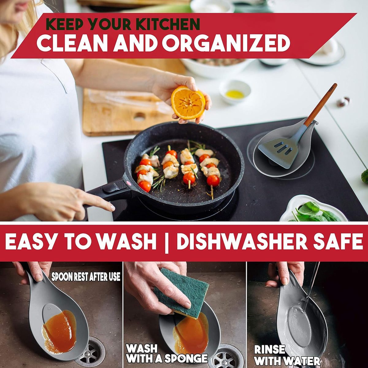 Silicone Spoon Rest for Stove Top, 1 Piece - HEAT RESISTANT, EASY TO CLEAN Kitchen Spoon Rest for Kitchen Counter, Holds XL Utensils, Safe on GLASS & INDUCTION Cooktops, DOESN’T BREAK if Dropped