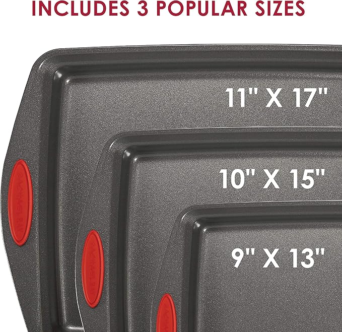 Rachael Ray Bakeware Nonstick Cookie Pan Set, 3-Piece, Gray with Red Grips