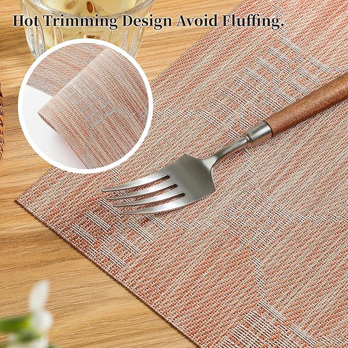 Leetaltree Coral Placemats Set of 12 - Heat Resistant Non-Slip Place mats for Dining Table, Washable Durable PVC Vinyl Woven Table Mats（Coral, 12）