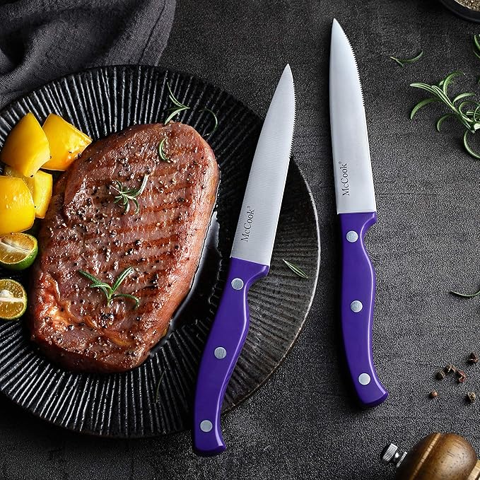 McCook MC27 14 Pieces Stainless Steel kitchen knife set with Wooden Block, Kitchen Scissors and Built-in Sharpener, Purple