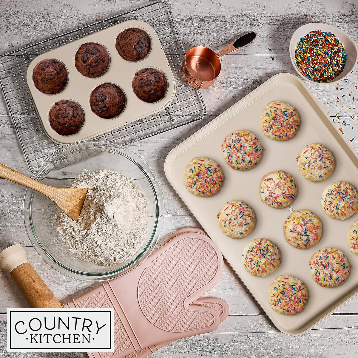 Country Kitchen Nonstick Stackable Bakeware Set - Deluxe Heavy Duty, Durable, Easy Release Baking Set, Pink, 13 Pcs with Handles