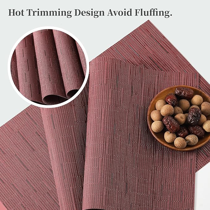 Leetaltree Burgundy Placemats Set of 12 - Heat Resistant Non-Slip Place mats for Dining Table, Washable Durable PVC Vinyl Woven Table Mats（Burgundy, 12）
