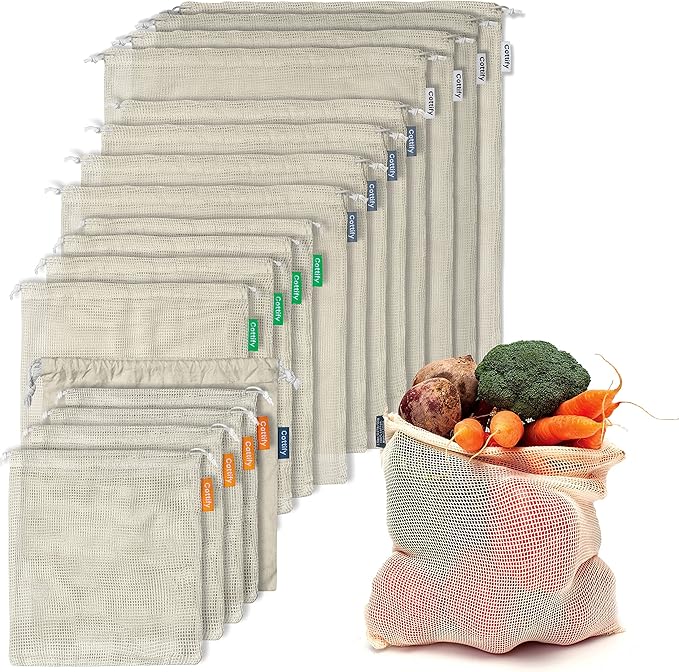 17 Reusable Cotton Mesh Produce Bags - 100% Organic Cotton, Durable, Double Stitched, Washable with Tare Weight & Drawstring - Mesh Bags for Grocery Shopping, Vegetables & Fruits, produce bgs 4 sizes