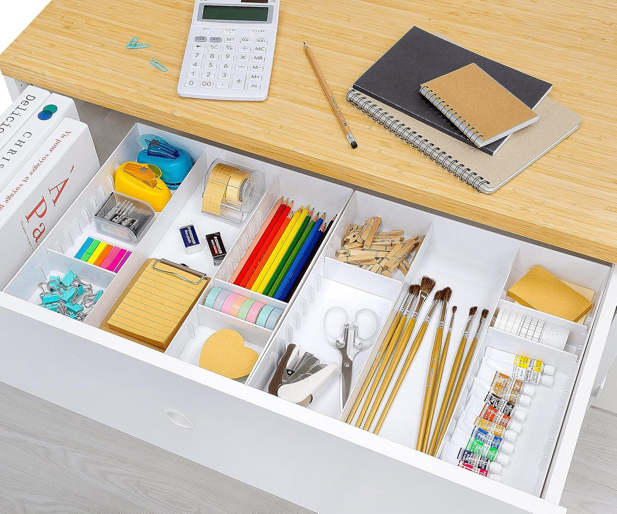 CAXXA 3 Slot Drawer Organizer with 4 Adjustable Dividers - 7 Compartments Junk Drawer Storage for Makeup & Vanity, Office Desk Supplies and Accessories,WHITE (2 pack)