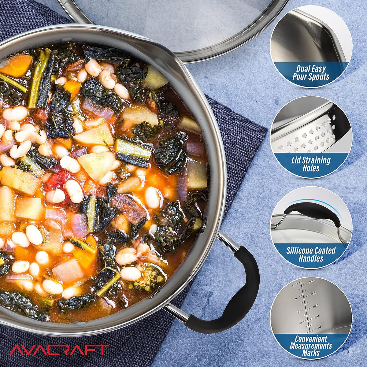 AVACRAFT Stainless Steel Stockpot with Glass Strainer Lid, 6 Quart Stock Pot, Saucepan cookware, Side Spouts, Multipurpose, Sauce, Soup, Induction Pan, (5-Ply Capsule Bottom, 6QT)