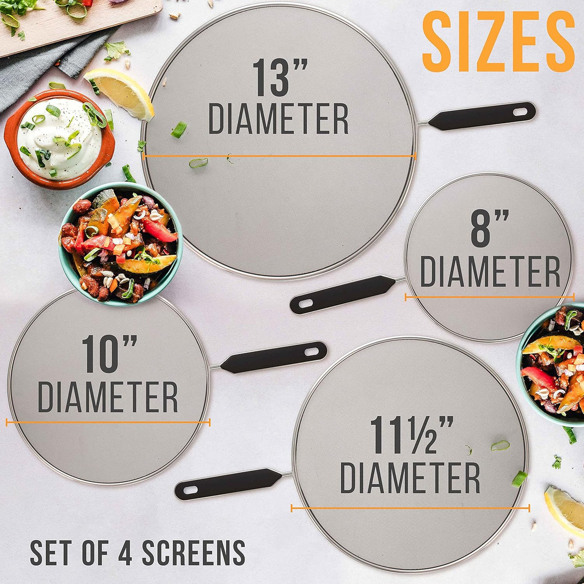 U.S. Kitchen Supply 4-Piece Stainless Steel Splatter Guard Set (13", 11.5", 10",8”) Fine Mesh Cover, Grease & Oil, Splatter Screen for Frying Pan, Cooking Pots, with Comfort Grip Handles