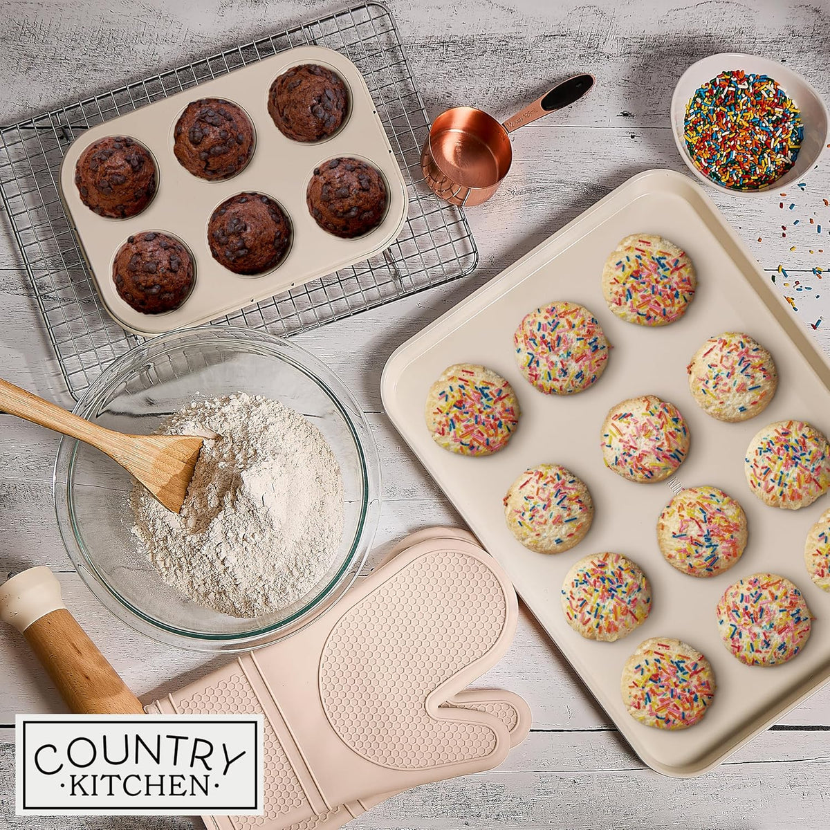 Country Kitchen Nonstick Stackable Bakeware Set - Deluxe Heavy Duty, Durable, Easy Release Baking Set, Taupe, 13 Pcs with Handles