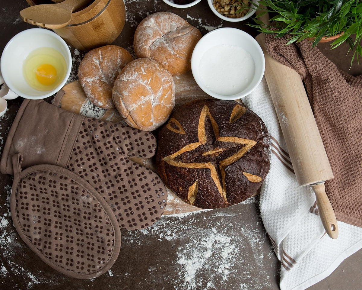 Sticky Toffee 9-Piece Kitchen Set – Brown 100% Cotton Terry Dish Towels, Dishcloths, Oven Mitts, and Pot Holders with Non-Slip Silicone Grip, Oeko-Tex Cotton