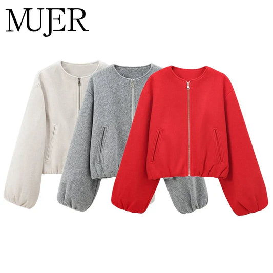 MUJER Red Cropped Bomber Jacket